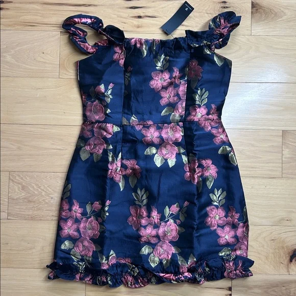 NWT Lulus Pop the Bottle Navy Blue Floral Ruffled Mini Dress | Size Medium - Picture 3 of 8